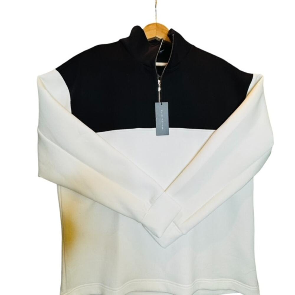 NWT Womens Elie Tahari Color Block Fleece Pullover Jacket Black White Size L